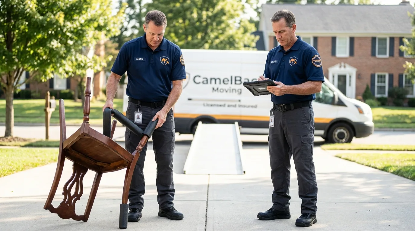 Movers inspecting furniture for damage prevention before loading in Bessemer, PA