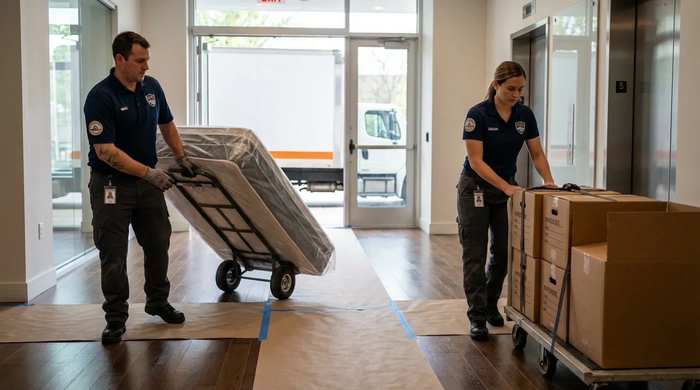 Professional apartment movers loading elevator in Bessemer, PA